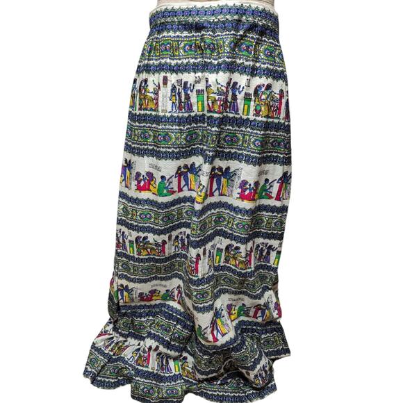 Vtg 1960s Miss Egypt Ivory Blue Colorful Egyptian Printed Barkcloth Maxi Skirt M - Picture 2 of 5